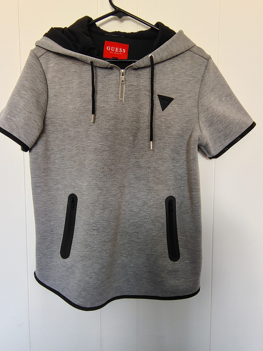 GUESS Men's Short Sleeve Quarter-Zip Hoodie Jacket - Gray/Black, Size XS.